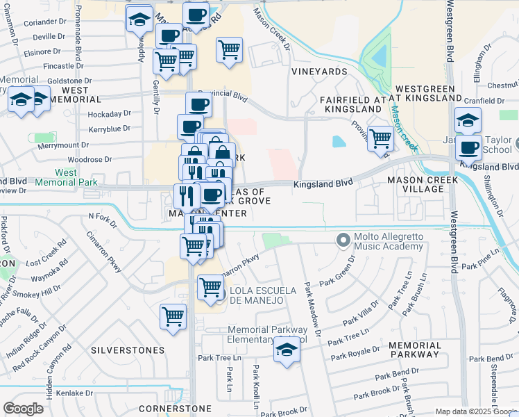 map of restaurants, bars, coffee shops, grocery stores, and more near 21715 Kingsland Boulevard in Katy