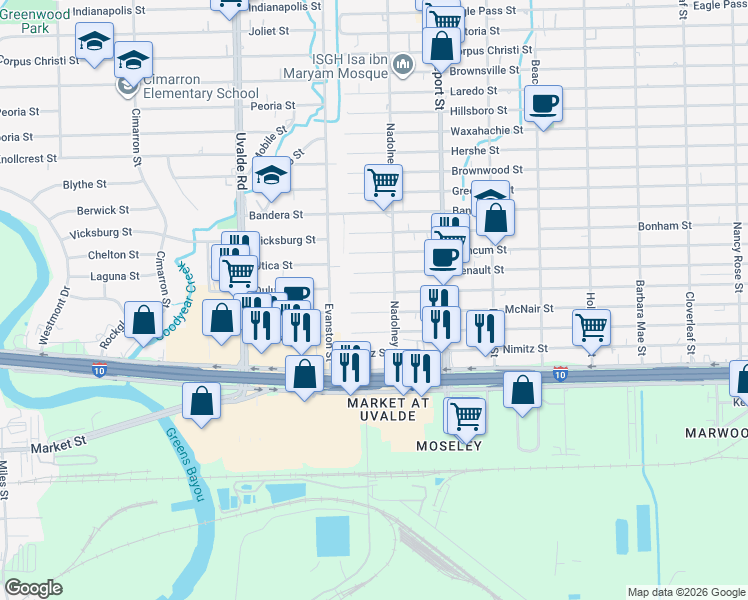 map of restaurants, bars, coffee shops, grocery stores, and more near 13728 Garber Lane in Houston