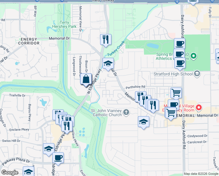 map of restaurants, bars, coffee shops, grocery stores, and more near 15027 Turkey Trail Court in Houston