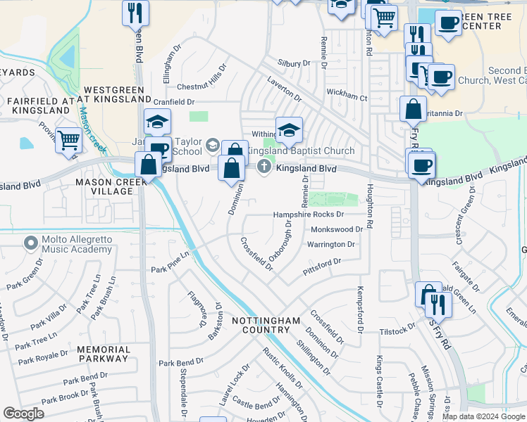 map of restaurants, bars, coffee shops, grocery stores, and more near 20510 Hampshire Rocks Drive in Katy