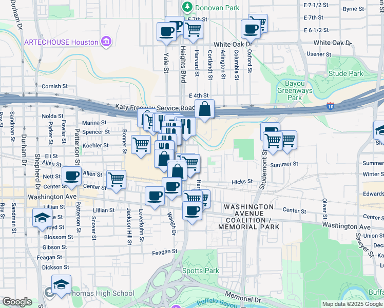 map of restaurants, bars, coffee shops, grocery stores, and more near 190 Heights Boulevard in Houston