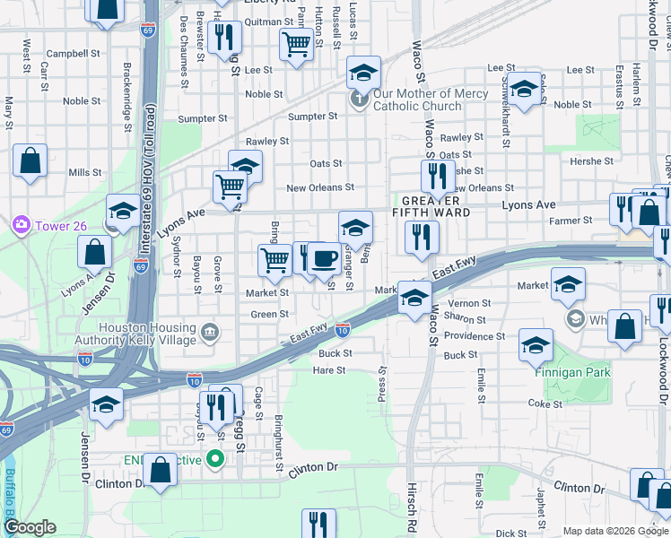 map of restaurants, bars, coffee shops, grocery stores, and more near 1404 Worms Street in Houston