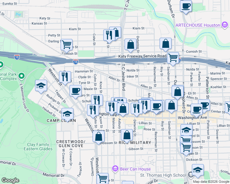 map of restaurants, bars, coffee shops, grocery stores, and more near 1407 Malone Street in Houston