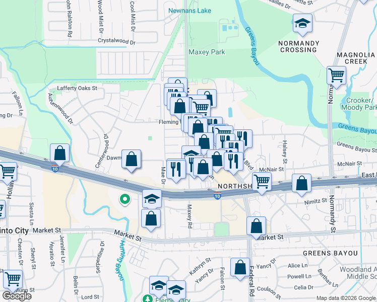 map of restaurants, bars, coffee shops, grocery stores, and more near 390 Maxey Road in Houston