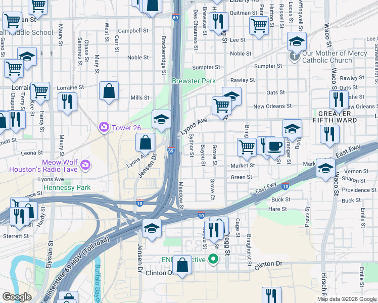 map of restaurants, bars, coffee shops, grocery stores, and more near 1402 Sydnor Street in Houston