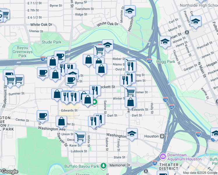 map of restaurants, bars, coffee shops, grocery stores, and more near 1801 Crockett Street in Houston