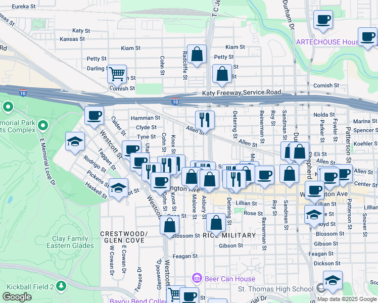 map of restaurants, bars, coffee shops, grocery stores, and more near 1407 Malone Street in Houston