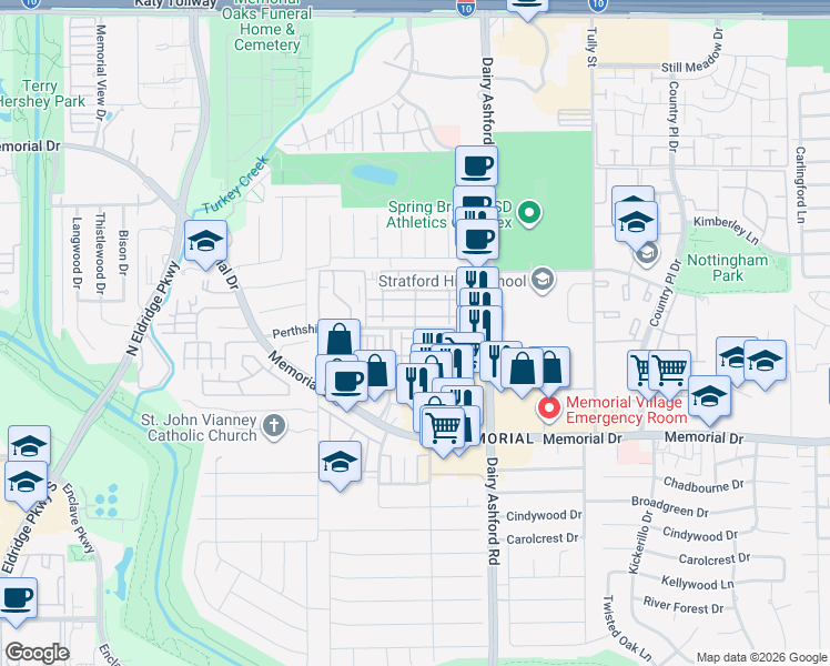map of restaurants, bars, coffee shops, grocery stores, and more near 14739 Perthshire Road in Houston
