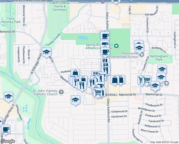 map of restaurants, bars, coffee shops, grocery stores, and more near 794 Thicket Lane in Houston
