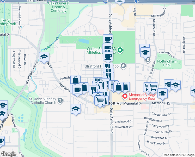 map of restaurants, bars, coffee shops, grocery stores, and more near 14739 Perthshire Road in Houston