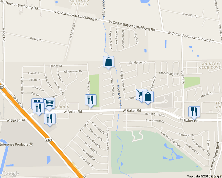 map of restaurants, bars, coffee shops, grocery stores, and more near 3402 Cobblestone Lane in Baytown