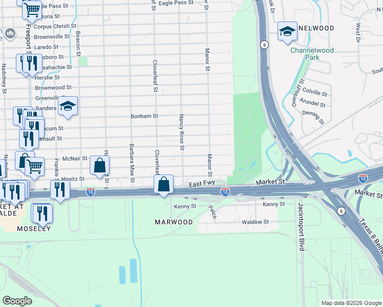map of restaurants, bars, coffee shops, grocery stores, and more near 14515 McNair Street in Houston