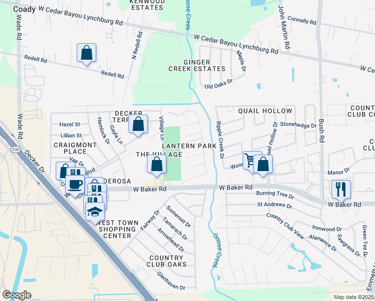 map of restaurants, bars, coffee shops, grocery stores, and more near 3439 Lantern Lane in Baytown