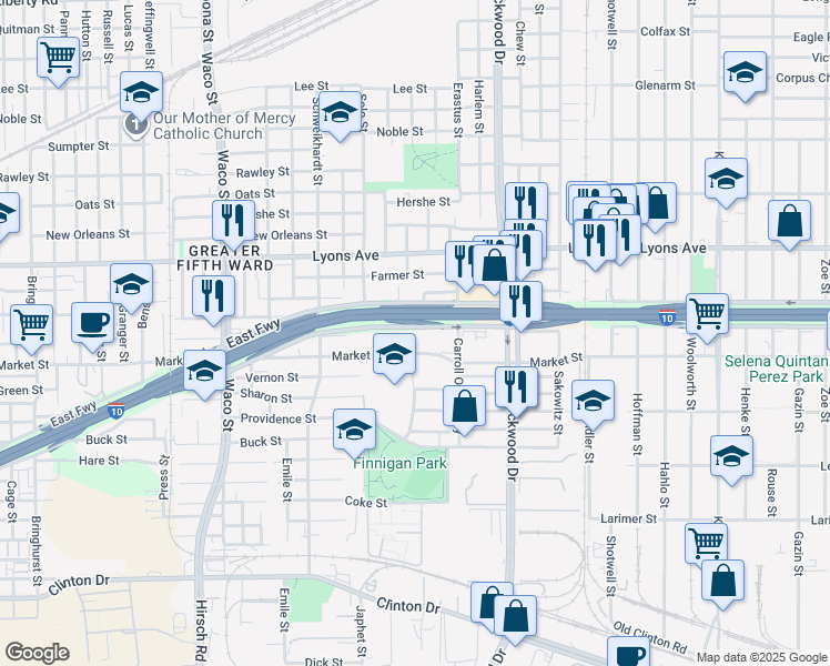map of restaurants, bars, coffee shops, grocery stores, and more near 5204 East Freeway in Houston