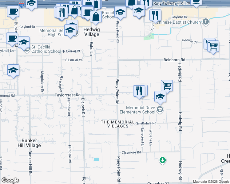 map of restaurants, bars, coffee shops, grocery stores, and more near 11406 Taylorcrest Road in Houston