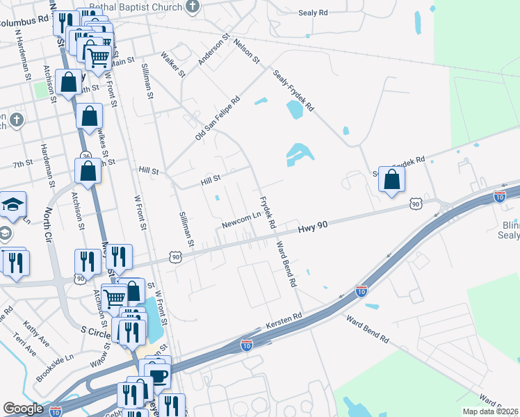 map of restaurants, bars, coffee shops, grocery stores, and more near 388 Newcom Lane in Sealy