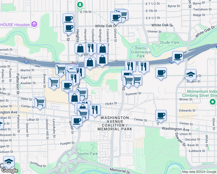 map of restaurants, bars, coffee shops, grocery stores, and more near 1402 Wichman Street in Houston