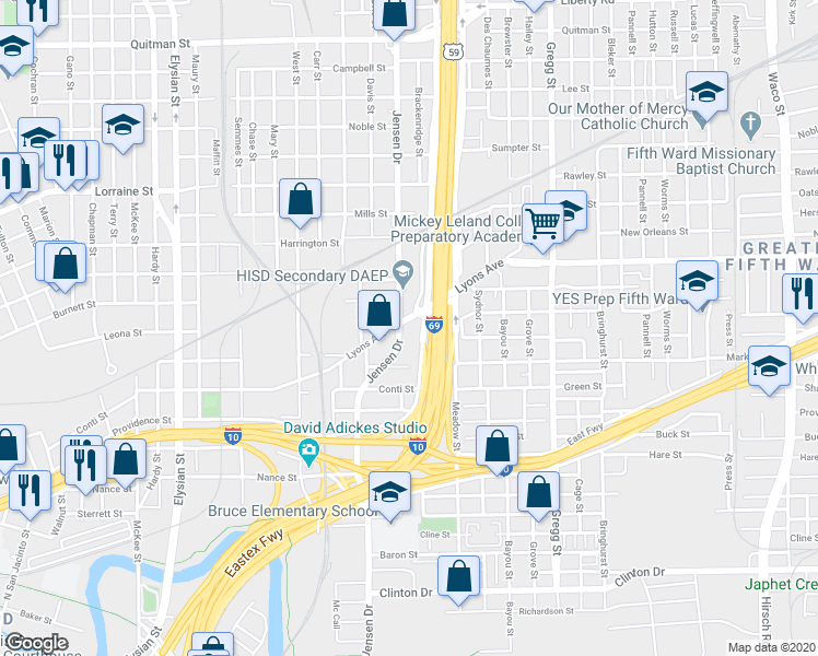 map of restaurants, bars, coffee shops, grocery stores, and more near 2802 Lyons Avenue in Houston