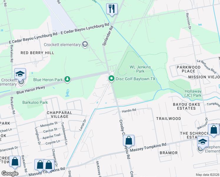 map of restaurants, bars, coffee shops, grocery stores, and more near 4307 Crosby Cedar Bayou Road in Baytown