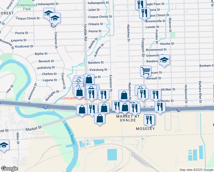 map of restaurants, bars, coffee shops, grocery stores, and more near 13513 Boise Street in Houston