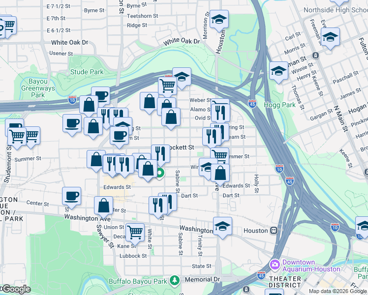 map of restaurants, bars, coffee shops, grocery stores, and more near 1801 Crockett Street in Houston
