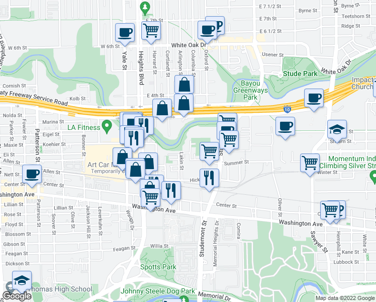 map of restaurants, bars, coffee shops, grocery stores, and more near 1401 Lakin Street in Houston