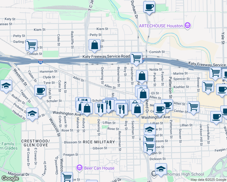 map of restaurants, bars, coffee shops, grocery stores, and more near 1364 Studer Street in Houston