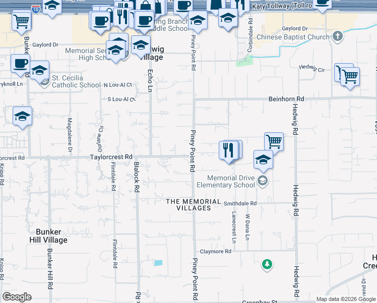 map of restaurants, bars, coffee shops, grocery stores, and more near 11406 Taylorcrest Road in Houston