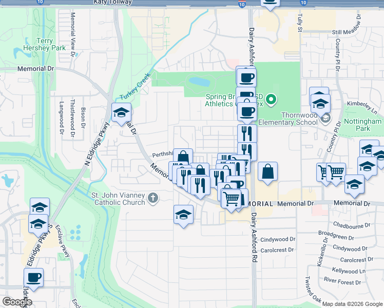 map of restaurants, bars, coffee shops, grocery stores, and more near 101106 Perthshire Road in Houston