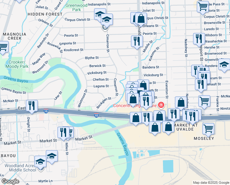 map of restaurants, bars, coffee shops, grocery stores, and more near 1114 Cimarron Street in Houston