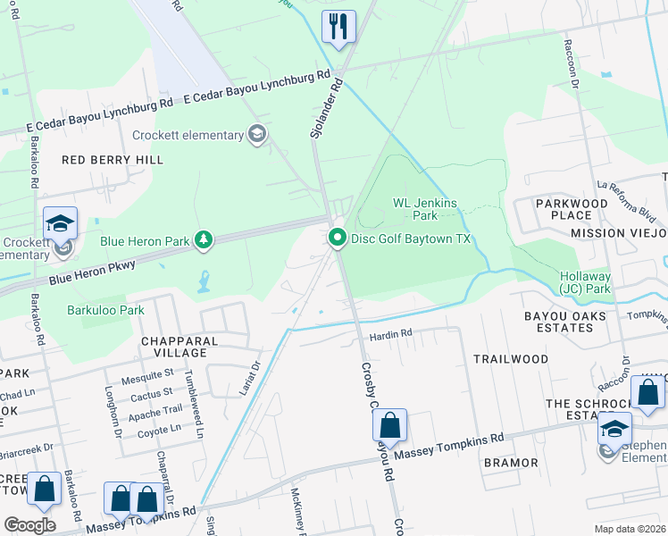 map of restaurants, bars, coffee shops, grocery stores, and more near 4307 Crosby Cedar Bayou Road in Baytown