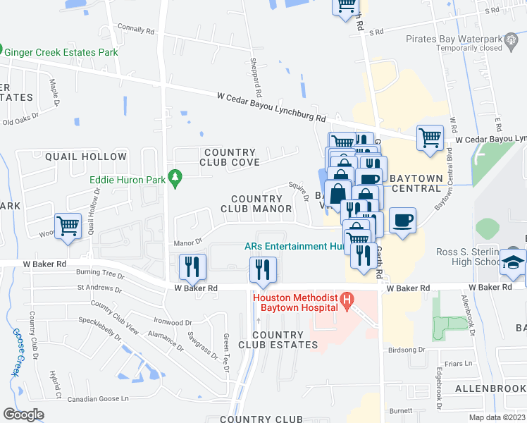 map of restaurants, bars, coffee shops, grocery stores, and more near 4515 Prince Street in Baytown