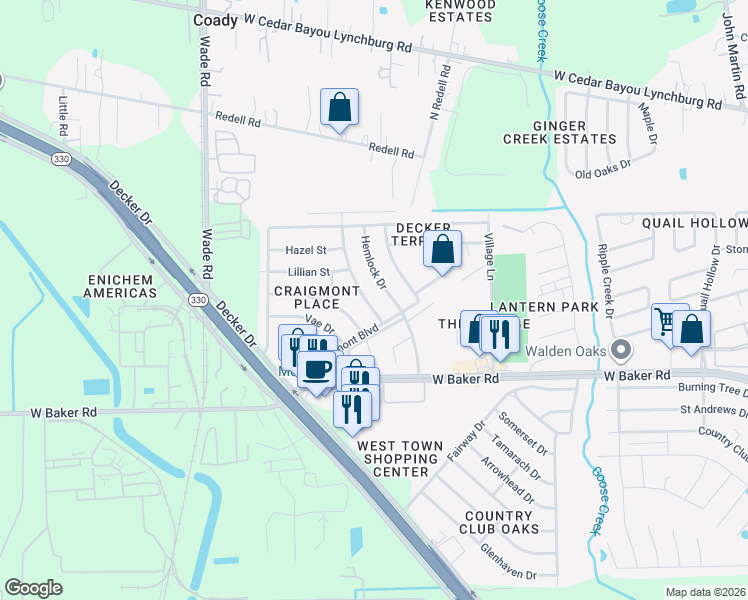 map of restaurants, bars, coffee shops, grocery stores, and more near 5311 Lorraine Drive in Baytown