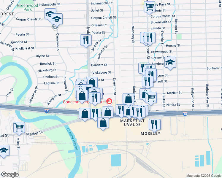 map of restaurants, bars, coffee shops, grocery stores, and more near 13513 Boise Street in Houston