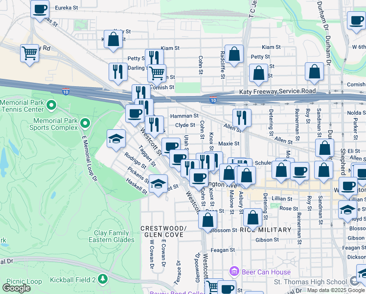 map of restaurants, bars, coffee shops, grocery stores, and more near 6118 Truro Street in Houston