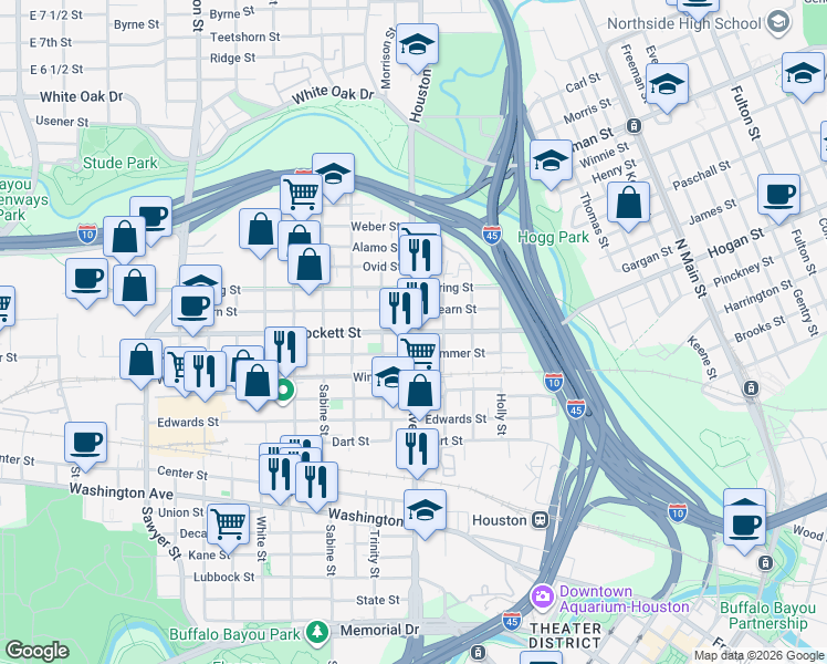 map of restaurants, bars, coffee shops, grocery stores, and more near Houston Ave & Crockett St in Houston