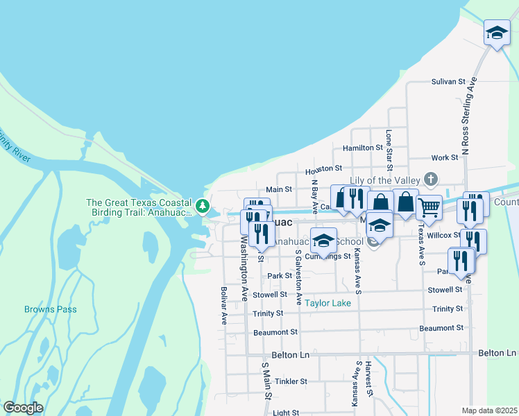 map of restaurants, bars, coffee shops, grocery stores, and more near North Main Street in Anahuac