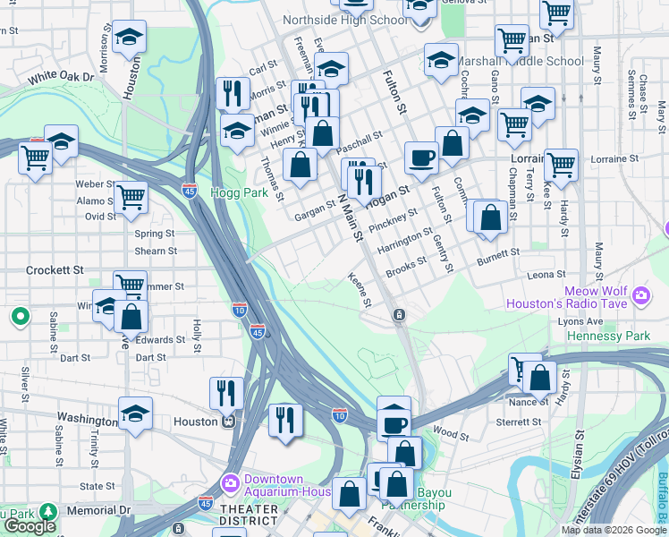 map of restaurants, bars, coffee shops, grocery stores, and more near 401 Harrington St in Houston
