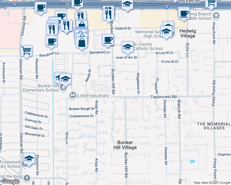 map of restaurants, bars, coffee shops, grocery stores, and more near 11802 Village Park Circle in Houston