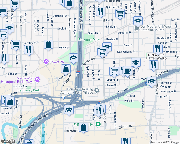 map of restaurants, bars, coffee shops, grocery stores, and more near 1402 Sydnor Street in Houston