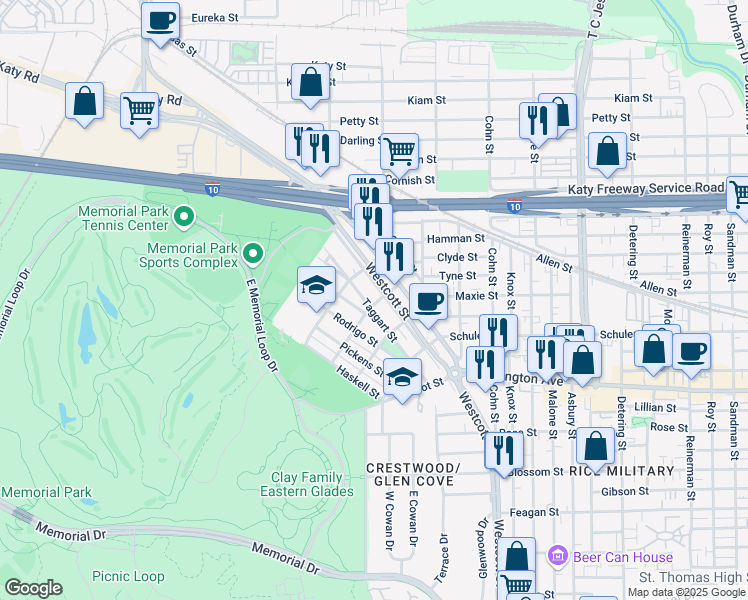 map of restaurants, bars, coffee shops, grocery stores, and more near 6416 Taggart Street in Houston