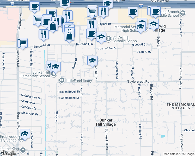 map of restaurants, bars, coffee shops, grocery stores, and more near 11802 Village Park Circle in Houston
