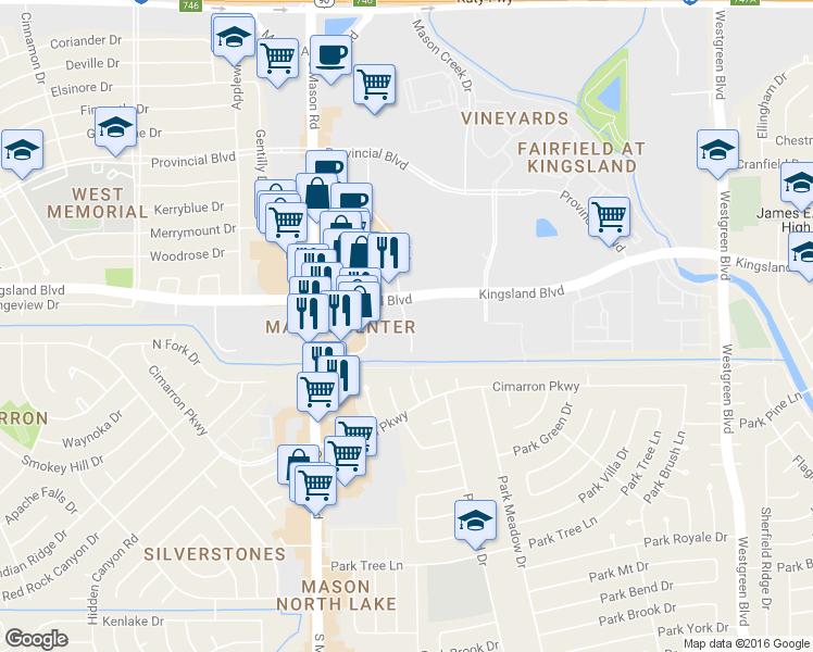 map of restaurants, bars, coffee shops, grocery stores, and more near 600 Park Grove Drive in Katy