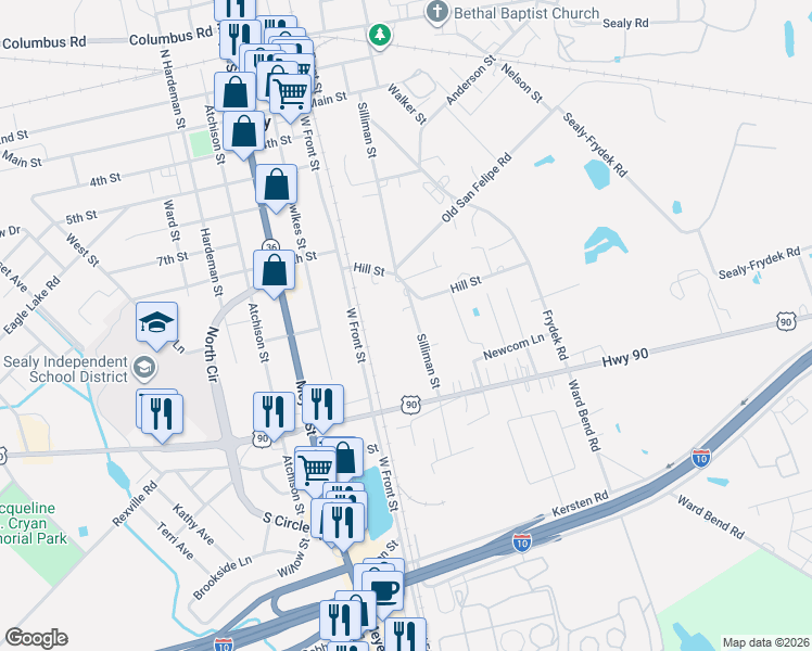 map of restaurants, bars, coffee shops, grocery stores, and more near 113 Lazy Lane in Sealy