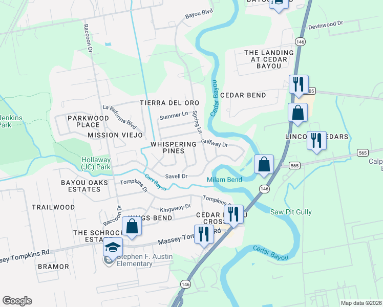 map of restaurants, bars, coffee shops, grocery stores, and more near 4703 Gulfway Drive in Baytown