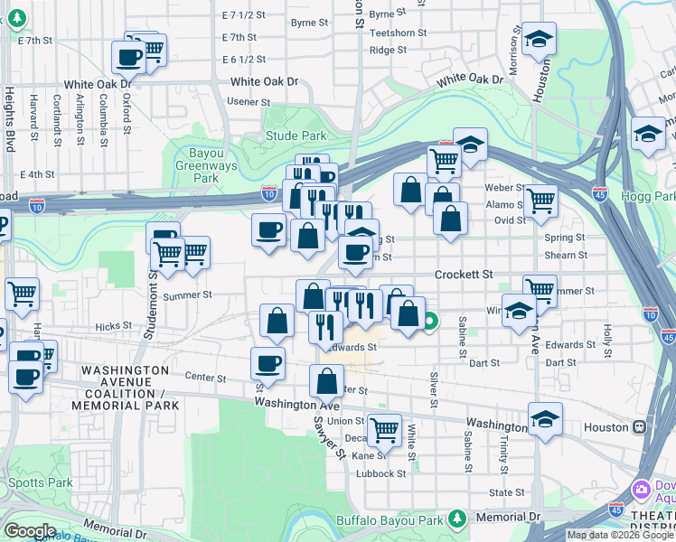 map of restaurants, bars, coffee shops, grocery stores, and more near 2301 Crockett Street in Houston
