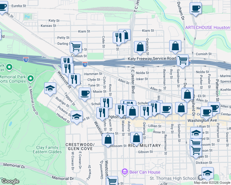 map of restaurants, bars, coffee shops, grocery stores, and more near 1414 Knox Street in Houston