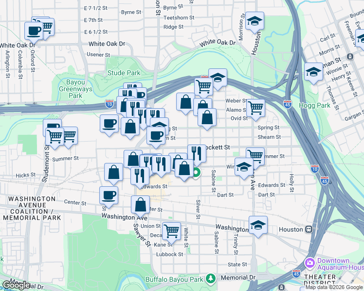 map of restaurants, bars, coffee shops, grocery stores, and more near 2017 Crockett Street in Houston