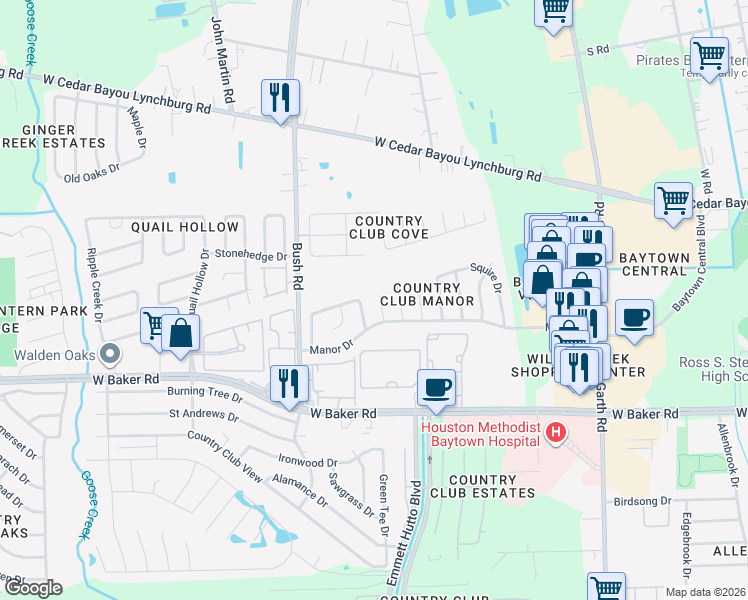 map of restaurants, bars, coffee shops, grocery stores, and more near 4523 Knights Court in Baytown