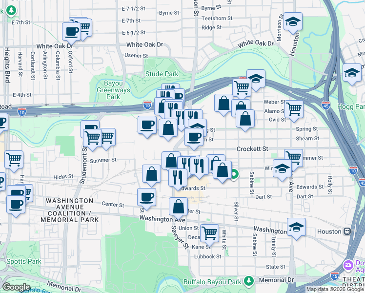 map of restaurants, bars, coffee shops, grocery stores, and more near 2301 Crockett Street in Houston